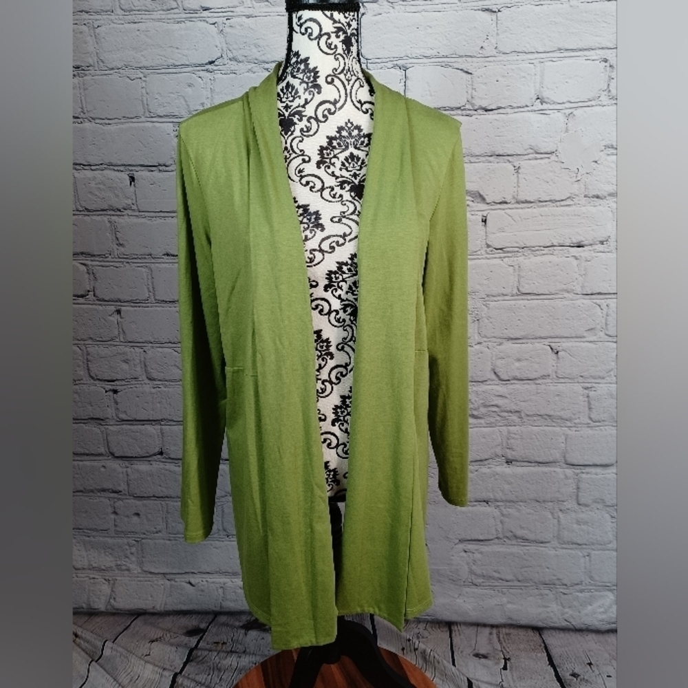 L L Bean women's long tab sleeve stretch knit open front size L cardigan bb17